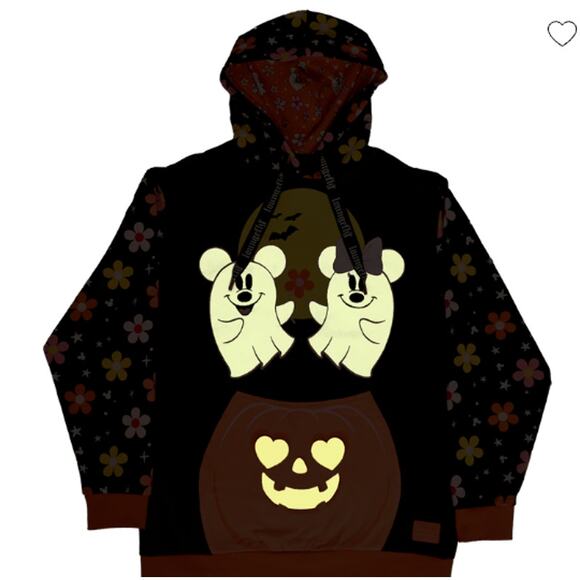 Disney Loungefly Mickey & Minnie Floral Ghost Glow in the Dark Unisex Hoodie NEW - Picture 2 of 11